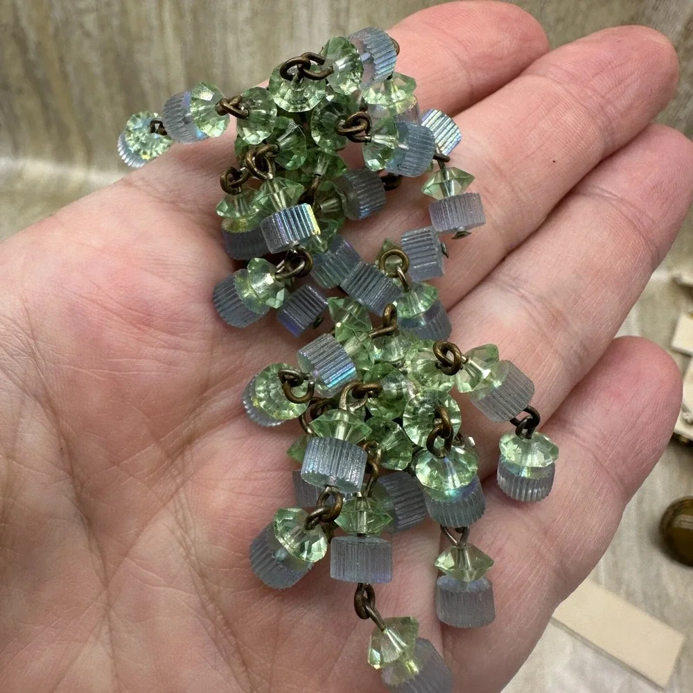 Vintage Clip On Earrings‎ Blue Glass Beaded Dangle Old Hollywood Glam Estate